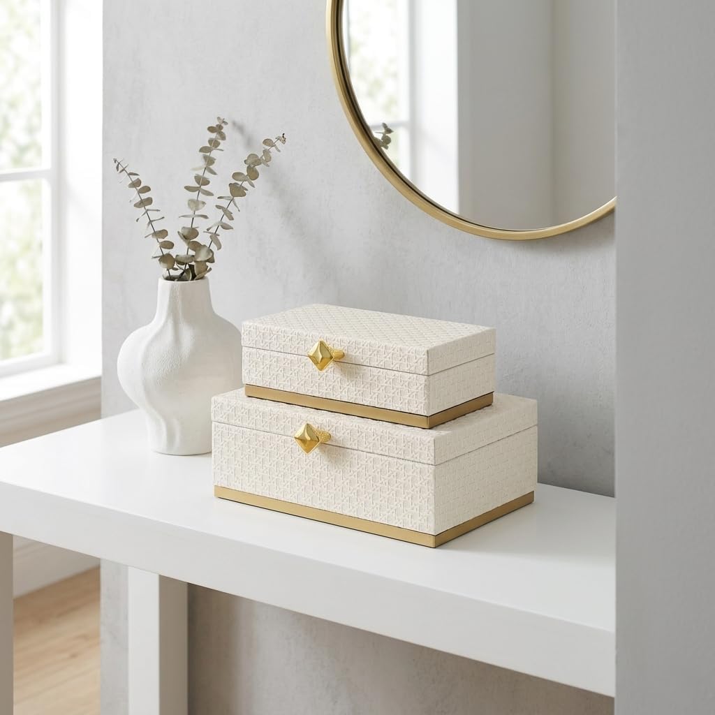 Baskura Vinyl Rattan Rectangular Box Set - White | Gold Metal Base |6050-2WT