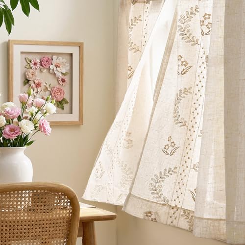 Image of jinchan Beige Floral Linen Kitchen Tier Curtains 36 Inch, 2 Panels