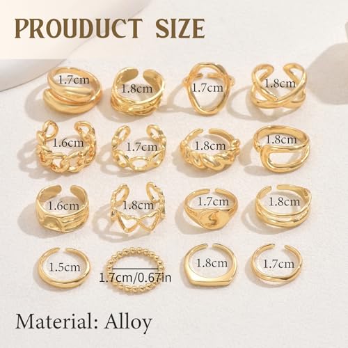 XSDSLS 16 Stück Gold Ringe für Damen Chunky Rings Klobige Ringe Knuckle Offene Verstellbarer Ring Stapelbare Fingerring Gold Chunky Dome Dicke Offene Rings Set Stapel für Frauen