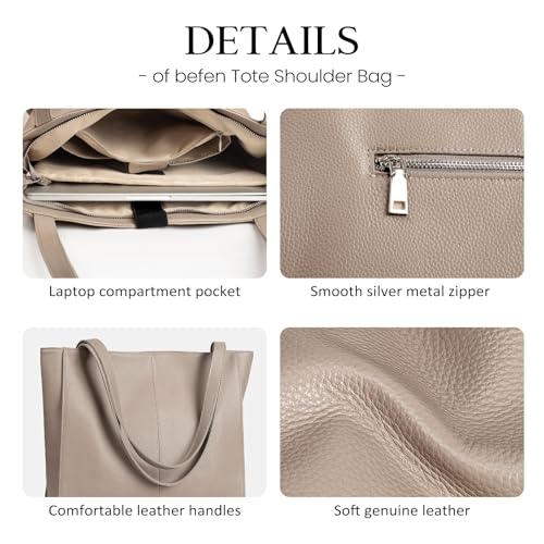 Image of befen Genuine Leather Tote Bag for Women Work Travel Leather Purse Handbags | Real Leather, Padded 14 inch Laptop Compartment, Multi-Pockets, Zipper, Tote Bag for Daily