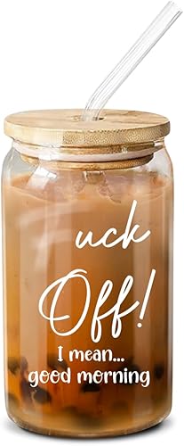 NewEleven Taza de café helado con tapas de bambú y pajitas de vidrio para Boba batido cóctel vaso de café de 16 onzas