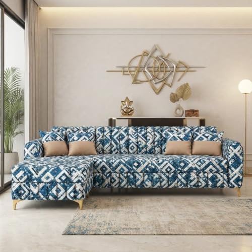 Image of CASASTYLE Signature Velour 4-Seater L-Shape Sofa Set with Movable Ottoman | Flexible LHS /RHS Layout | Tapestry Fabric | 40D Foam + Zigzag Spring | 3-Yr Warranty (Lagoon Mosaic Blue)