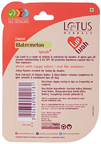 Image of Lotus Herbals Lip Lush Tinted Lip Balm - Watermelon Splash | SPF 20 | 8h Moisturisation | 4g