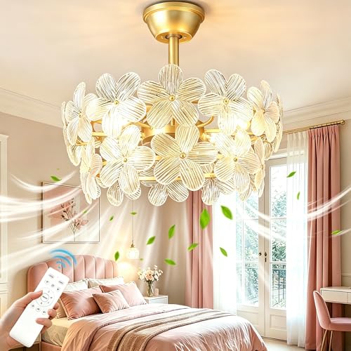 BvenuBigLite Gold Chandelier Ceiling Fan: 20 Flower Crystal Fandeliers Ceiling Fans with Lights Remote Control - Caged Mid-Century with 6 Speeds for Girls Bedroom Nursery Living Room