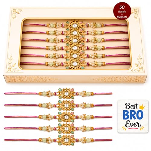 Image of eCraftIndia Pack of 100 Beautiful Floral Designer Rakhi for Brother Bhaiya Bhai Kids Boy | 100 Best Bro Ever Fridge Magnets Gift Combo Set | Roli Chawal Pack | Raksha Bandhan Rakhi Collection