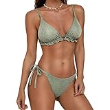 ZAFUL Women Sexy Sparkle Glitter Bikini Sets Swimwear Shiny String Bra Tie Side Triangle Swimsuit Beach Wear Light Green L