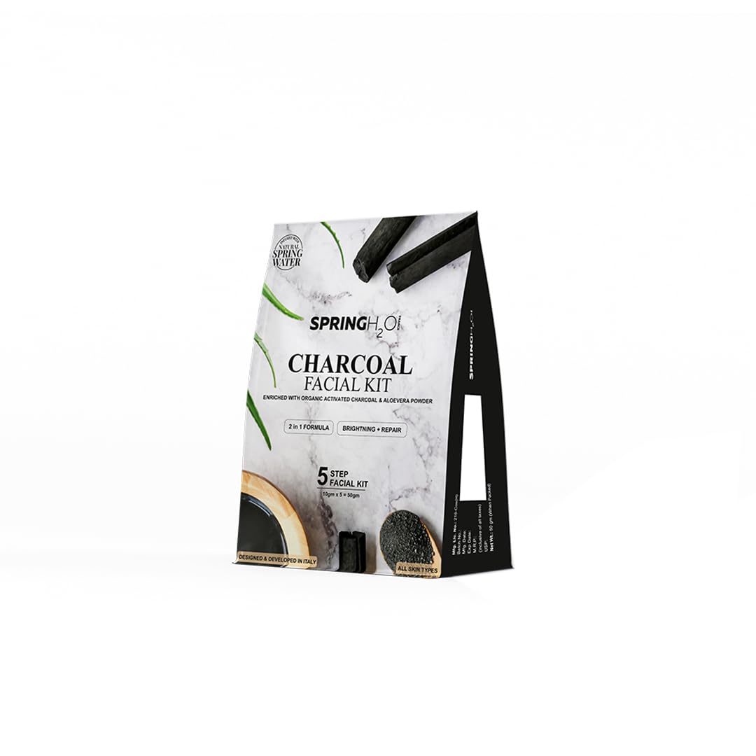 SPRING H2O Charcoal Facial Kit 50 gm| 2 in 1 Formula Brightening+Repair | Enriched with Organic Activated Charcoal & Aloevera Powder| Simple 5 Step