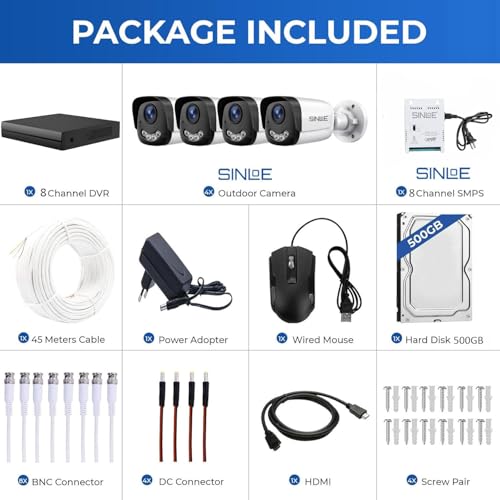 Image of SINLOE 8 Channel 1080P Full HD DVR 2MP Night Color Bullet 4 Pcs, 8 Channel SMPS, 500 GB Hard Disk Full Combo Set