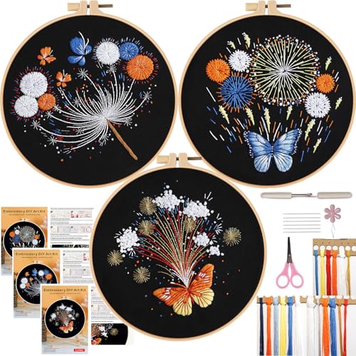 Image of FONNUY 3 Set Crewel Embroidery Kit for Beginners, Fireworks Blooming Pre-Stamped Pattern Kits for Adults with Hoop, Easy to Follow Needlework, 8''