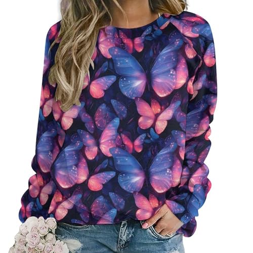 Sweat-shirt imprimé papillon rose bleu pour dames haut manches longues doux