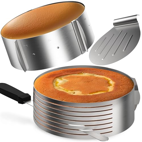 Menz Tortenzubehör - 4-teiliges Set Torten Schneidehilfe, Kuchenschneidehilfe Set mit Tortenboden Schneidehilfe Ring Ø26/28 cm, Konditormesser, Tortenheber, Tortenring verstellbar hoch 8,5 cm