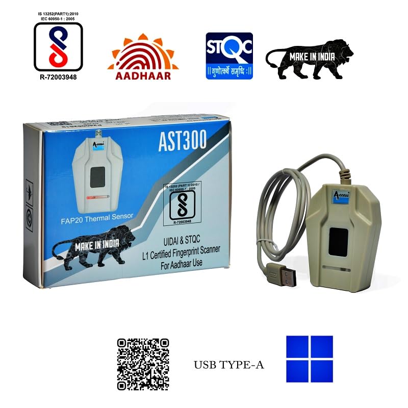 Image of Access AST300 FAP20 Thermal Sensor Fingerprint Scanner, UIDAI & STQC L1 Certified for Aadhaar Use, USB Interface
