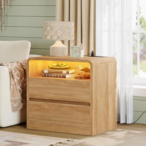 Image of TEENFON Nightstands Set of 2 with Charging Station & LED Lights, Curved Corner Bedside Table 21.7 inch W, 2 Drawers & Open Shelf, USB-C & USB Ports, Natural, Storage End Table for Bedroom /Living Room