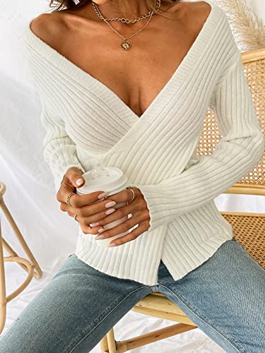 Cupshe Womens Long Sleeve Pullover Sweater Solid Fall Winter Casual Knit Wrap Cardigan Cream White #TOP3