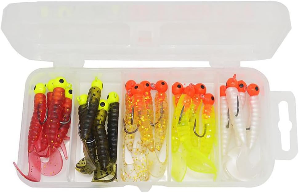 Fishing Soft Lures Set, Fishing Tackle Jig Heads Hooks Bionic Worms Fish Baits for Bass Trout Pikes, 20 Pack