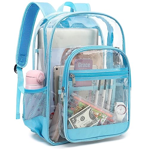 Esfoxes Heavy Duty Clear Backpack, School Backpack College Bookbag PVC See Through Transparent Backpacks (Sky Blue)