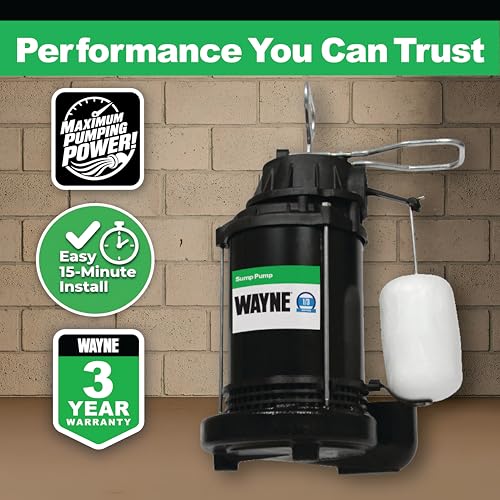 Image of WAYNE CDU790-1 /3 HP Submersible Cast Iron and Stainless Steel Sump Pump with Integrated Vertical Float Switch - Up to 4,600 Gallons Per Hour - Heavy Duty Basement Sump Pump, Black
