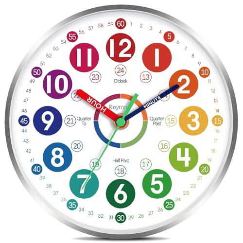Roymnie Wall Clock for Kids Learning - Teaching Time Wall Clocks Battery Operated Silent Non Ticking - Analog Colorful Clock Decorative for Kids Room Classroom School(8 Inch&Silver)