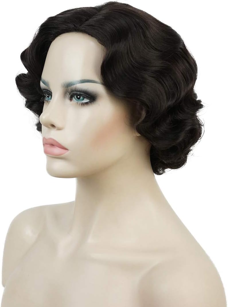 Lydell Vintage Cosplay Party Wig Short Finger Wavy Flapper Hairpiece +Free Wig Cap Dark Brown, #4 Dark Brown - Image 4