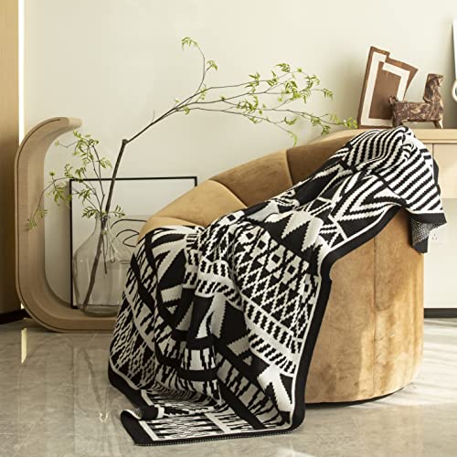 Blossome Black & White Knit Throws 50”*66” /Multi-Geometric Pattern Thermal Knit Throws For All-Seasons/Decorative Throw Blankets For Couch, Sofas, Beds And Gifts #TOP2
