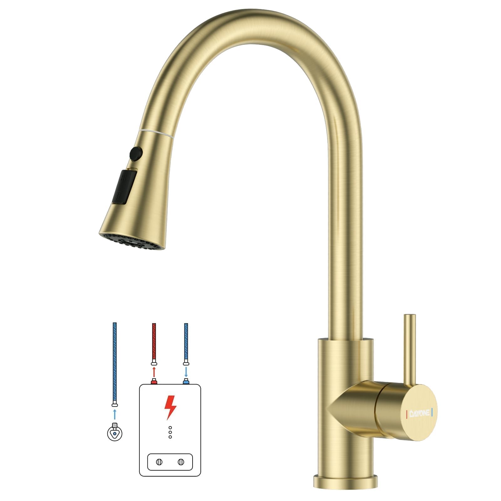 DAYONE Rubinetto da cucina in acciaio inossidabile spazzolato dorato SUS304, 3 tipi di getti, doccetta estensibile, miscelatore rotante a 360° per caldaia, rubinetto per lavello a bassa pressione con