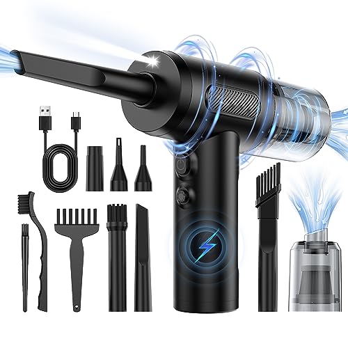Opinta 3 in 1 Compressed Air Duster/Pump & Wireless Vacuum Cleaner - 3 Level Adjustable, 68W Power - Cordless Portable Air Blower with LED Light & 10 Kits for Keyboard, Car, Replace Air Can