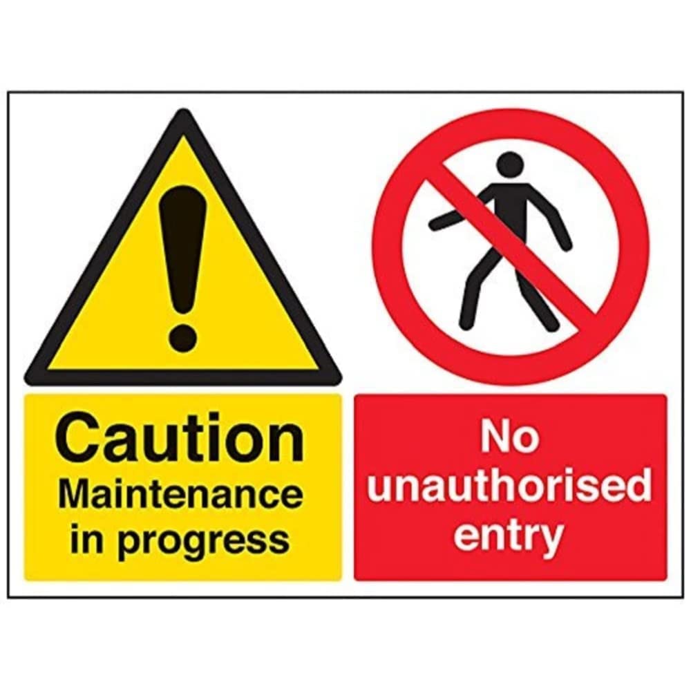 V Safety Caution, Maintenance In Progress. No Unauthorised Entry Sign - 400mm x 300mm - 1mm Rigid Plastic