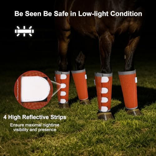 Image of Reflective Horse Fly Boots Set of 4, Loose Fitting Leggings for Horses, Equine Fly Leg Wraps Socks for 4 Legs, Breathable Adjustable and Universal Fit, Reliable Stay Put and on (Orange)