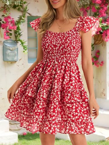 Image of Fessceruna Womens Summer Ruffle Dresses Elastic Empire Waist A-line Layered Swing Flowy Mini Dress