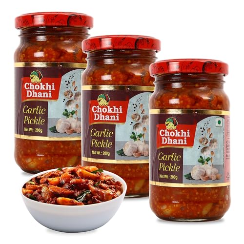 Image of Chokhi Dhani Lahsun ka Achar Garlic Pickle | Tangy and Spicy | (Pack of 3, 200g Each)