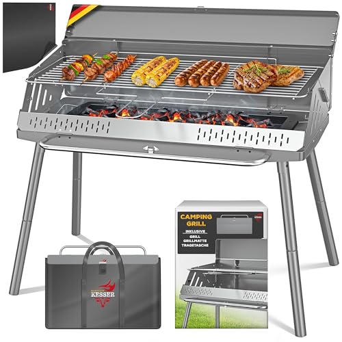 KESSER® Klappgrill tragbarer Camping Grill mit Gestell | Holzkohlegrill aus pulverbeschichtetem Stahl inklusive Grillrost, Grillmatte & Tragetasche | Faltbar BBQ ideal für Camping, Picknick & Angeln