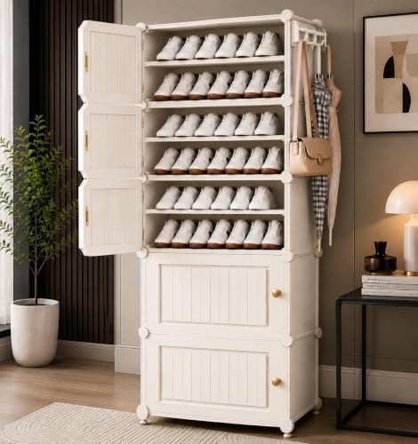 Image of Plastic Shoe Rack for Home with Door | 10-Shelf DIY Shoe Cabinet Organiser | Stores 20 Pairs | Foldable & Waterproof Shoe Stand for Entryway, Bedroom (White, 10-Layer)