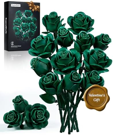 iATOM Green Rose Bouquet Building Set, 12Pcs Fake Flowers Botanic...