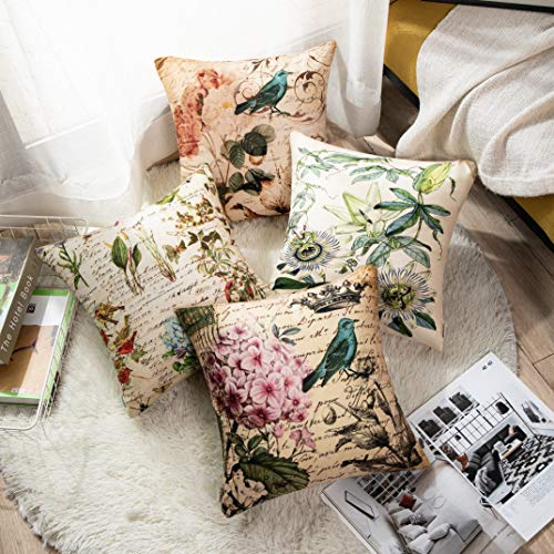 Emvency Set Of 4 Throw Pillow Covers Paris French Botanical Floral Victorian Bird Rose Gardens Green Flower Decorative Pillow Cases Home Decor Square 16X16 Inches Pillowcases #TOP2