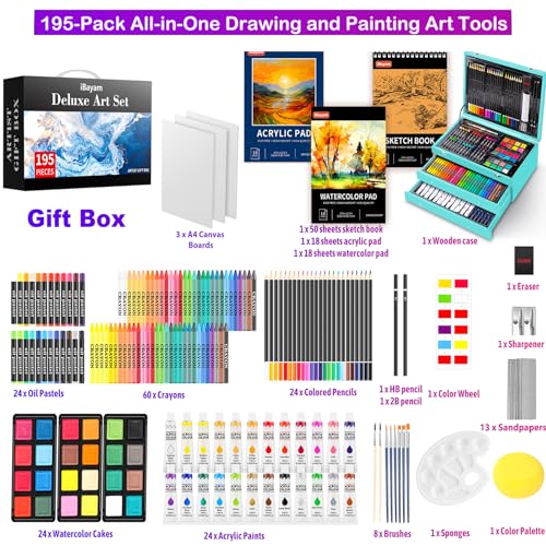 iBayam 195-Pack Deluxe Art Kit – Painting & Drawing Set for Adults | 195-pc all-in-one art set with acrylics, canvases, crayons & pads in a wooden case. Non-toxic & perfect for adult artists