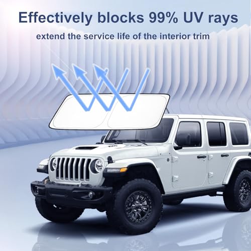 Image of Windshield Sun Shade for 2018-2026 Jeep Wrangler JL JLU & 2020-2026 Gladiator JT, 310T Polyester Foldable Front Window Shade Cover, Full Coverage UV Heat Blocker, Keep Interior Cool