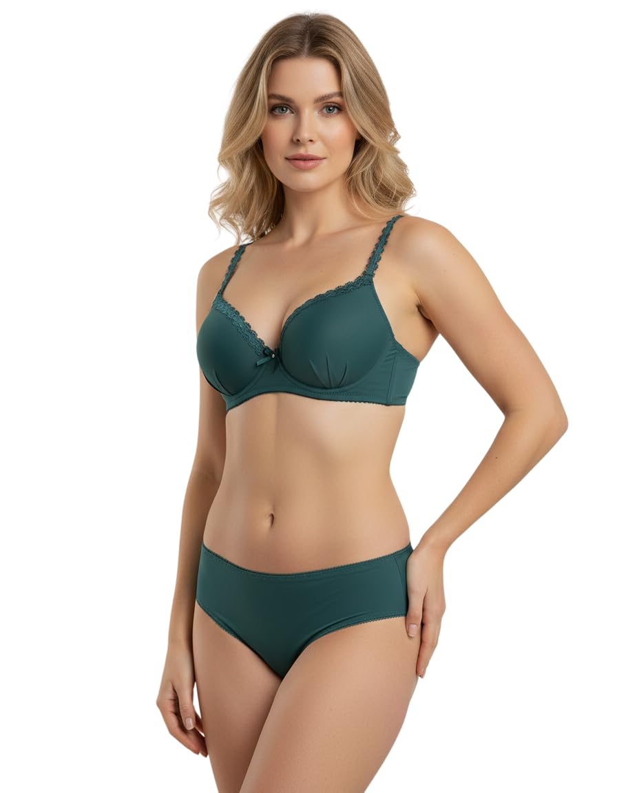 M R Shopzilla Women’s Lycra Push-Up Lace Bra & Panty Set | Lightly Padded Underwired T-Shirt Lingerie | Medium Coverage Bikini Underwear (Green)-picture-13