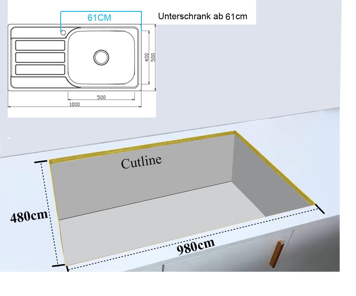 100x50X20 Küchenspüle Edelstahl 304,1 Becken, XXL Becken 50x40,eckig,Spülbecken,Abtropffläche rechts
