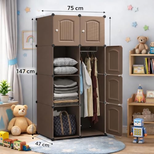 Image of 8 Door Kids Cartoon Wardrobe Storage Cabinet - DIY Modular Clothes Organizer with Hanging Cartoon Design Wardrobe with Multi for Bedroom, Living Room,Entryway