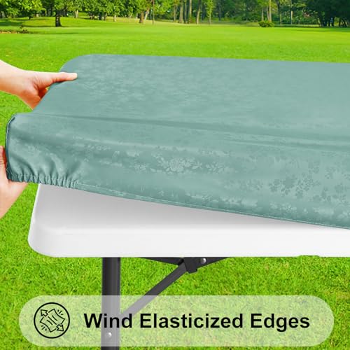 Image of Smiry Heavy Duty Vinyl Fitted Tablecloths for 8 Foot Rectangle Tables | Elastic Waterproof Fitted Tablecloths, Wipeable Washable Table Cover for Kitchen, Dining, Camping (Teal, 30 inch x 96 inch)