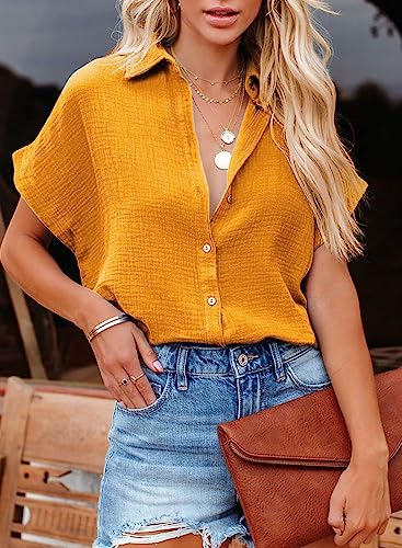 Dokotoo 2023 Women's V-Neck Button Down Batwing Short Sleeve Solid Cotton Elegant Oversized Blouse - Orange, S #TOP4