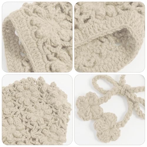 Toddler Girl Beanie Handmade Hollow Crochet Flower Earflap Knit Hats Baby Bonnets with Strap3