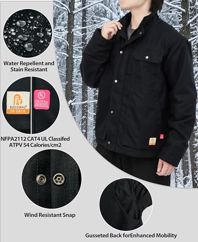 Image of BOCOMAL FR Jacket Insulated Flame Resistant Canvas Coat CAT4 Winter Outwear | NFPA2112 CAT4,Utility Cargo Pockets,Heavyweight Duck Shell,180g Modacrylic Quilted,Plaid Flannel lining,Water Stain Resistant