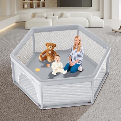 Image of Poudee 65x65 Inch Hexagonal Playpen, Playpen for Toddlers, Baby Play Yard with Non-Slip Suction Cups, Baby Fence