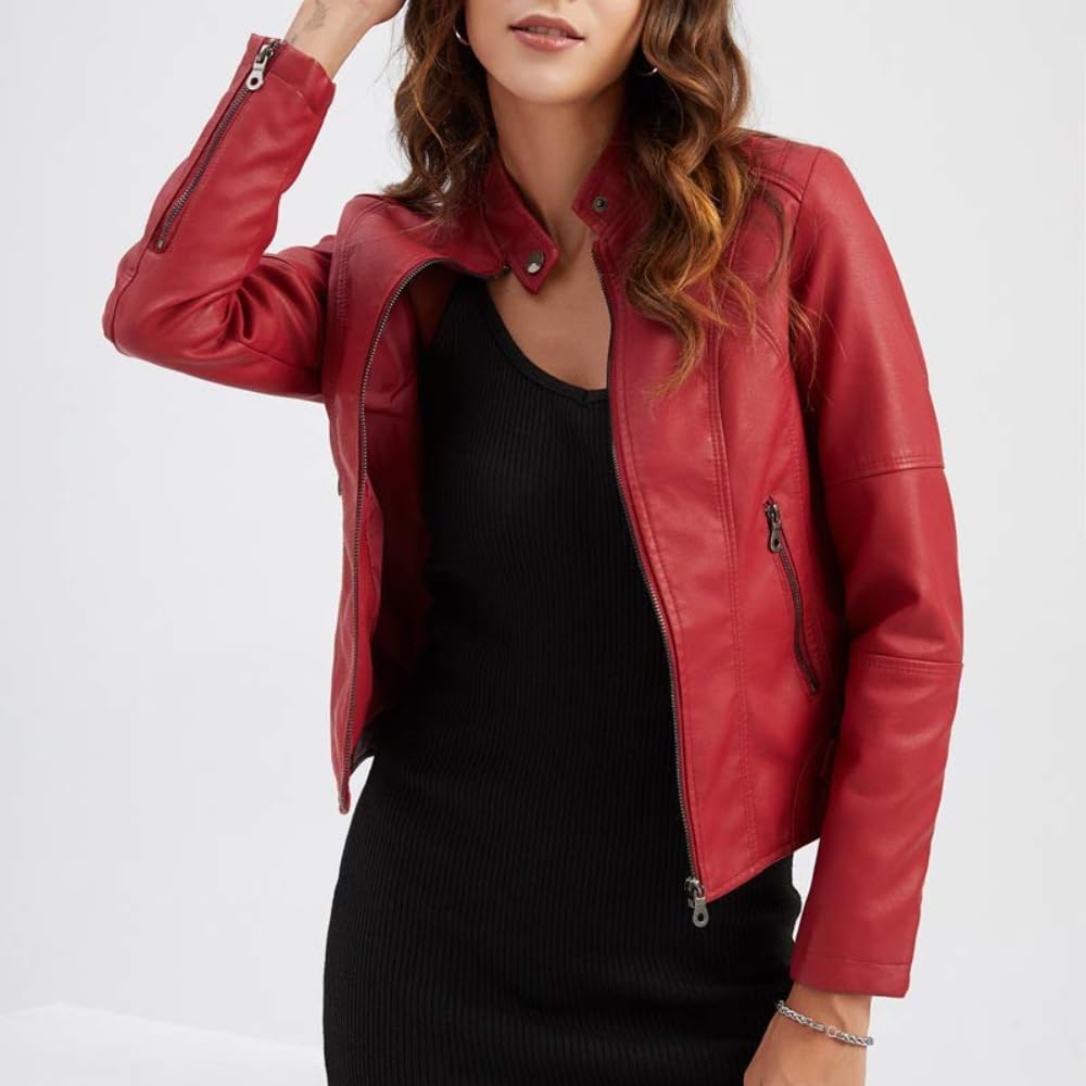 Damen lederjacke aus Kunstleder figurbetonte Jacke dünne Motorradjacke für Frühling und Herbst in großen Größen mit Stehkragen