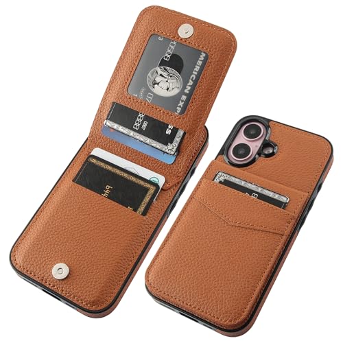 KIHUWEY for iPhone 16 Wallet Case Card Holder Kickstand, Lichee Light Brown