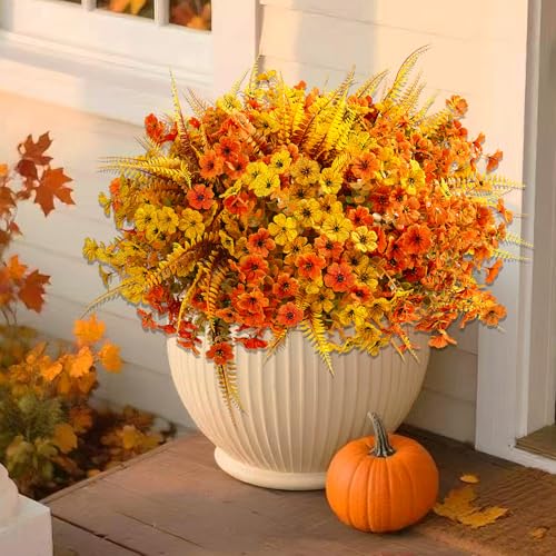 Artificial Mums Fall Flowers for Outdoors, 12 Bundles Fake Mums Faux Plants for Outdoor...