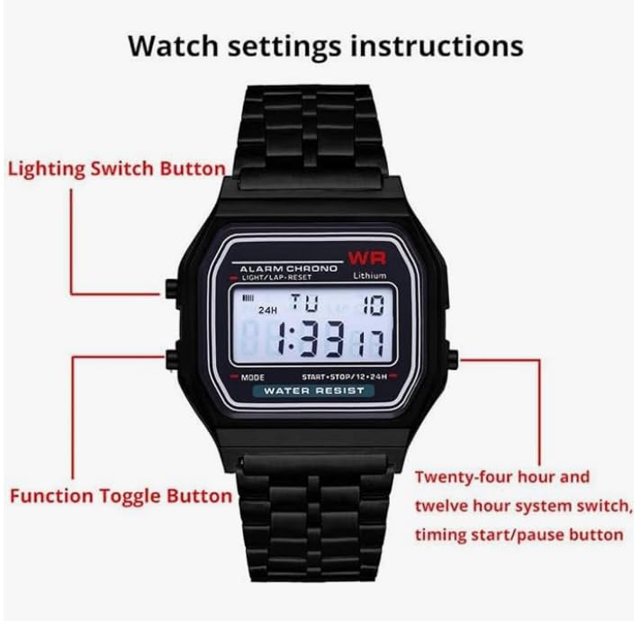 Image of AROA Premium Brand Vintage Series Digital Sports Square 4 Colours Dial LED Unisex Stainless Steel Strap Watch for Men's Watch for Women's Multicolor