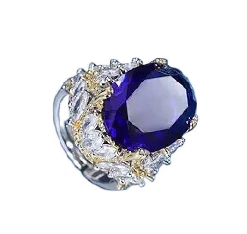 Oval Sapphire Ring - Handmade Gold-plated Statement diamond inlaid adjustable Ring - Fashion, Bridal, Birthstone, Engagement, Anniversary Ideas for Women