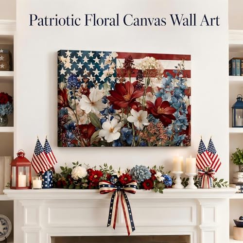 Image of Patriotic Floral American Flag Framed Canvas Wall Art, 4th of July Wildflower Pictures, Independence Day Canvas Prints for Living Room, Bedroom, Kitchen, Farmhouse, Home Wall Decor